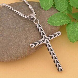 Stainless Steel Wheat Cross Necklace for Men, Stainless Steel Rolo Cable Chain